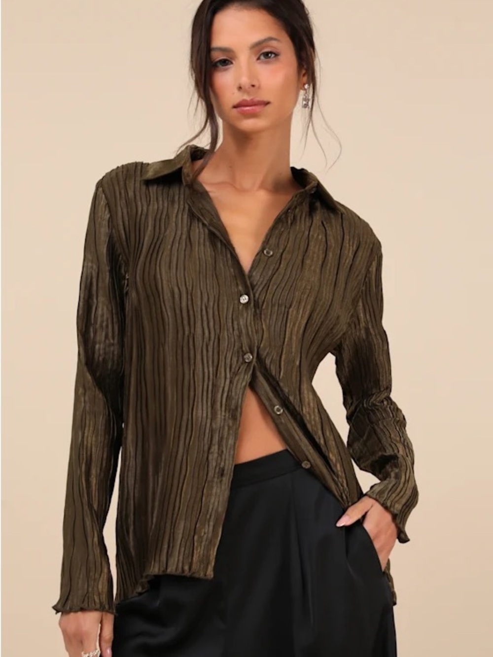 Lulu's Olive Crinkle Button-Down Blouse